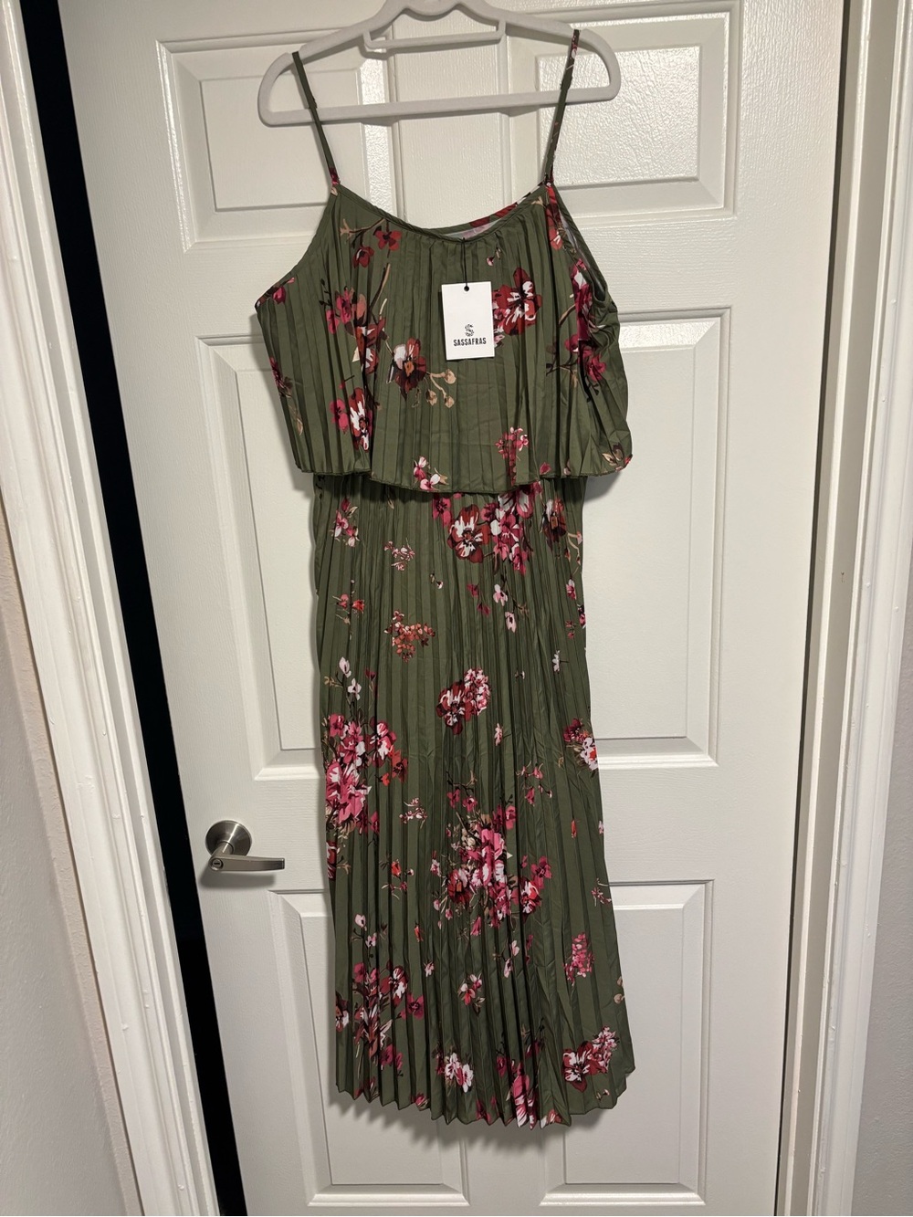 Sassafras’s Olive Green Floral Pleated Maxi Dress